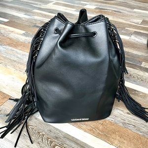 Victoria's Secret Black Boho Backpack Fashion Show Bag Fringe Drawstring